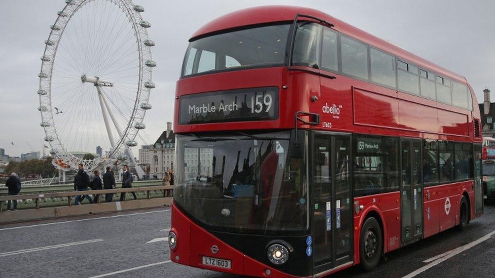 A London bus crossing Westminster Bridge